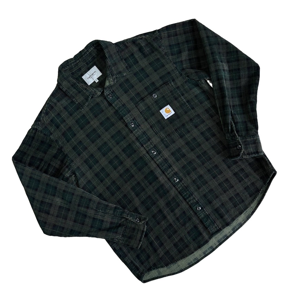 Carhartt WIP LS Flint Shirt Corduroy Button Logo Men L Green Checkered Skater